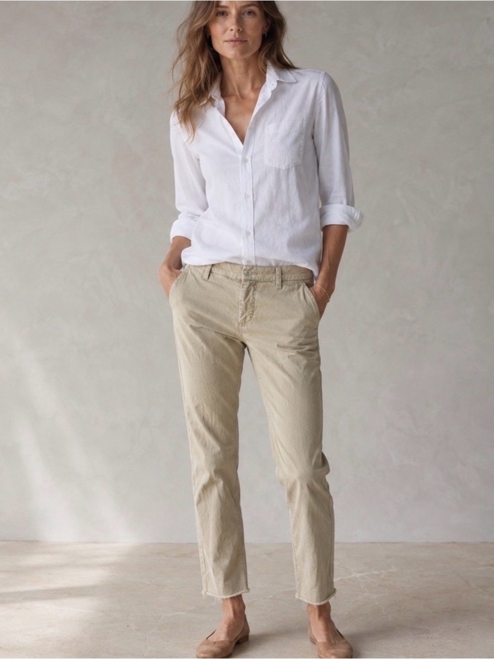 Frank & Eileen Wicklow Pants Cotton Chino Crop Khaki Size 6 Stretch Raw Hem
